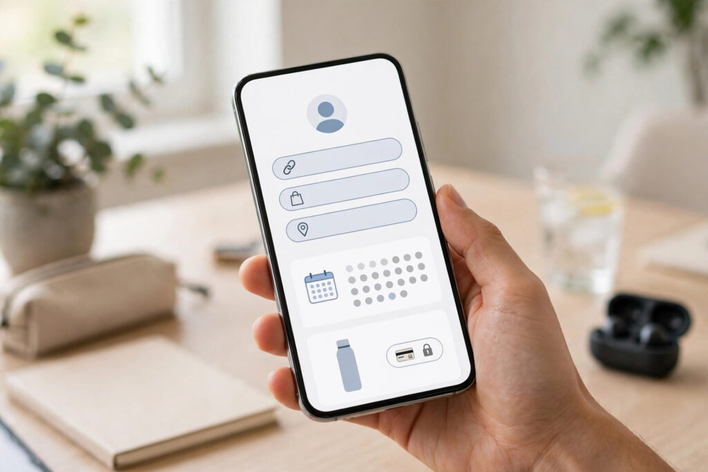 A phone showing one page with links, products, bookings and payments