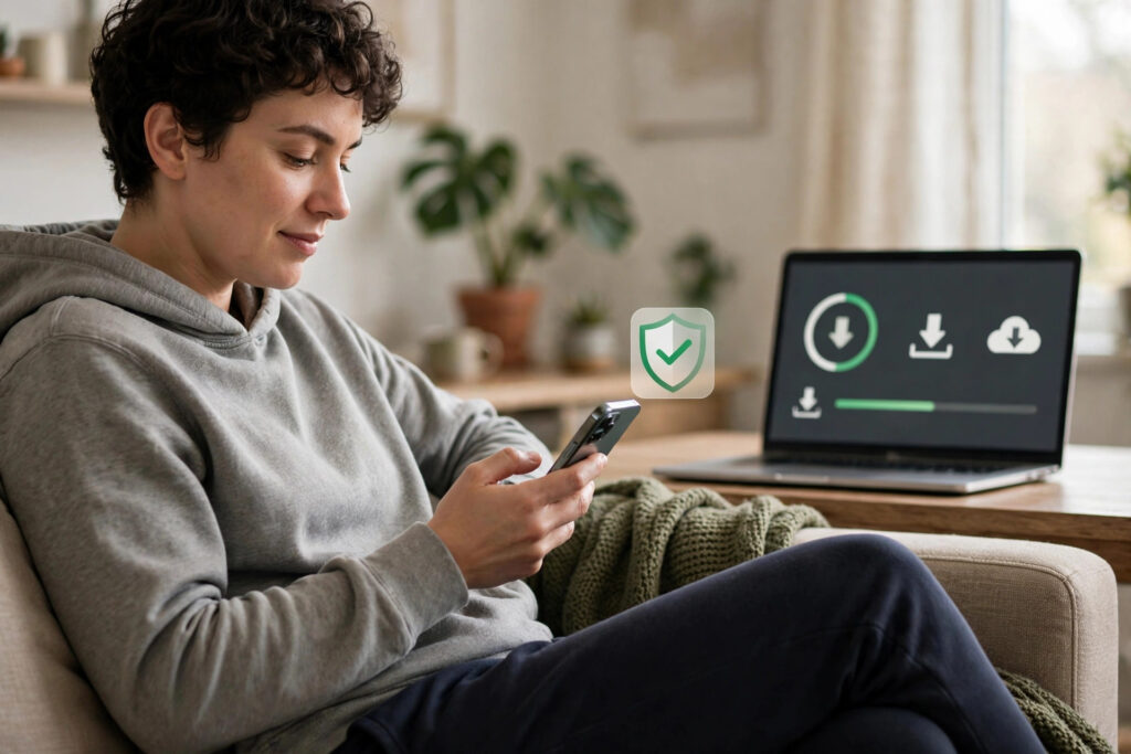 A relaxed buyer paying on a phone with a shield check mark and a laptop showing downloads