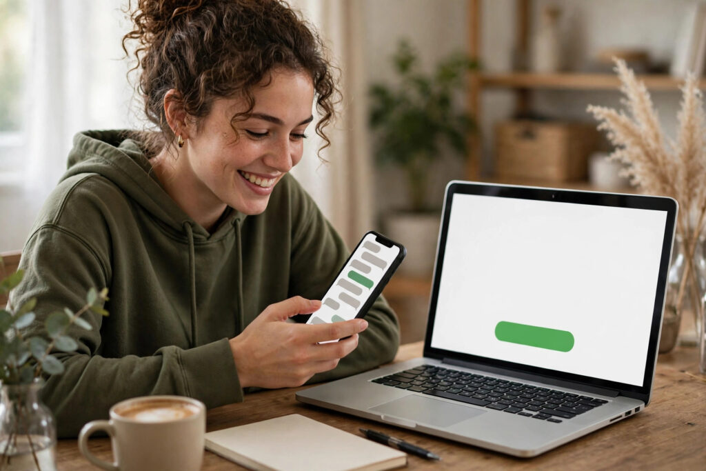 A creator smiling while replying to a chat on a phone with a laptop showing a page with a green chat button