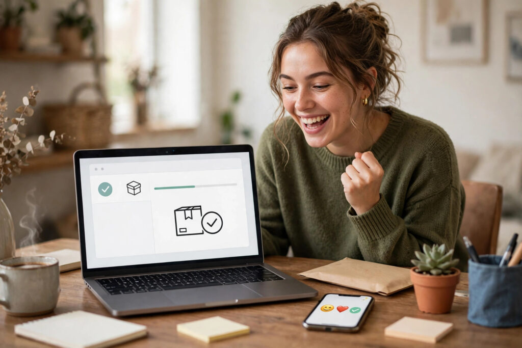 A happy new seller celebrating a first sale on a laptop with a phone showing happy reactions