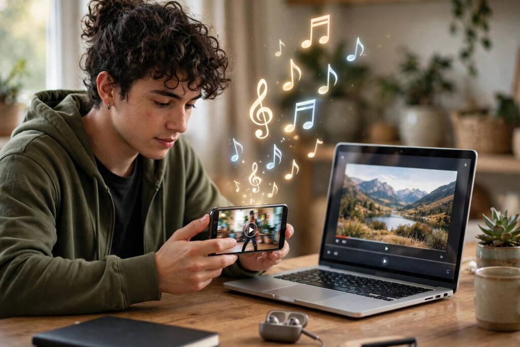 A creator watching a video on a phone with music notes floating above it and a laptop showing a video