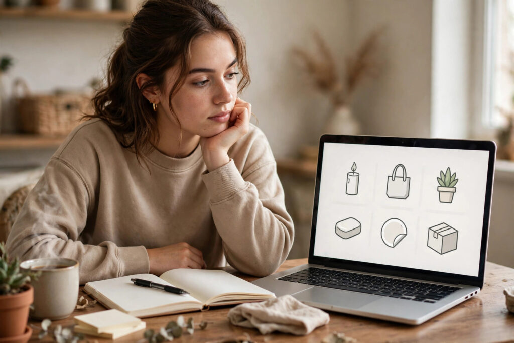 A beginner seller thinking at a desk with a notebook, choosing between product ideas on a laptop screen