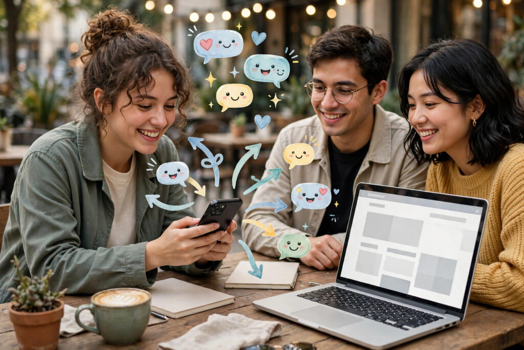 Friends smiling together while one shares a page link from a phone, with share arrows and chat bubbles