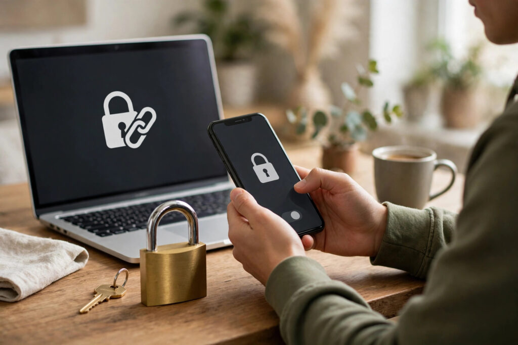 A person locking a private link on a phone with a padlock and key, laptop showing a locked link