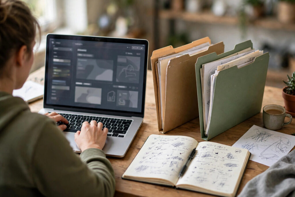 A seller improving a digital product on a laptop with folders and a notebook of feedback notes