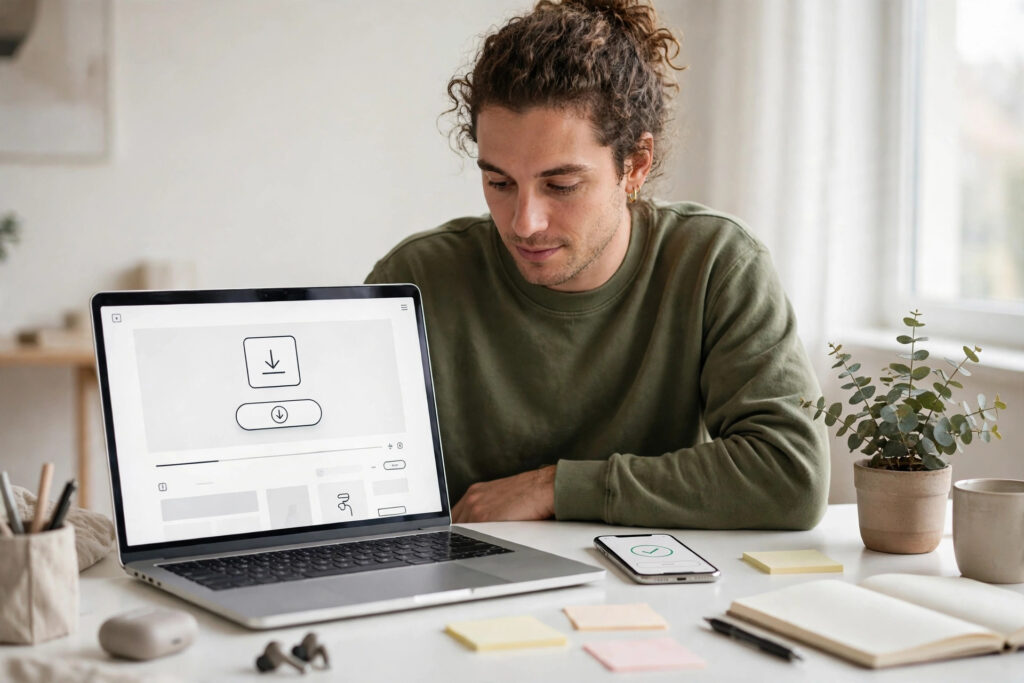 A creator with a laptop showing a digital download page and a phone with a payment check mark