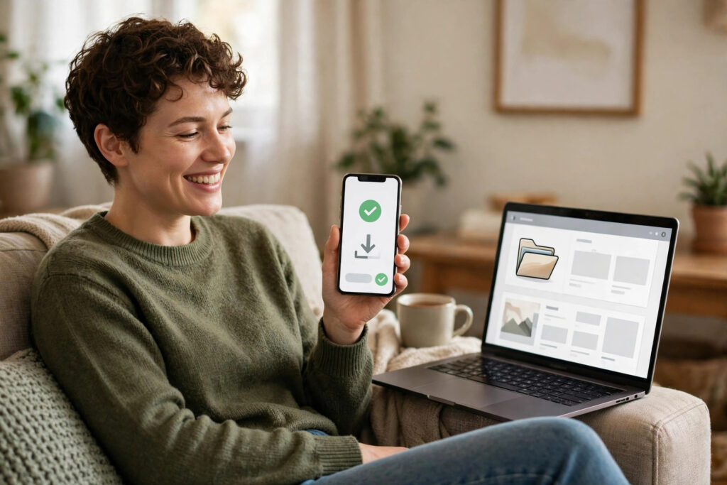 A happy buyer on a sofa with a phone showing a download button and a laptop showing a product page