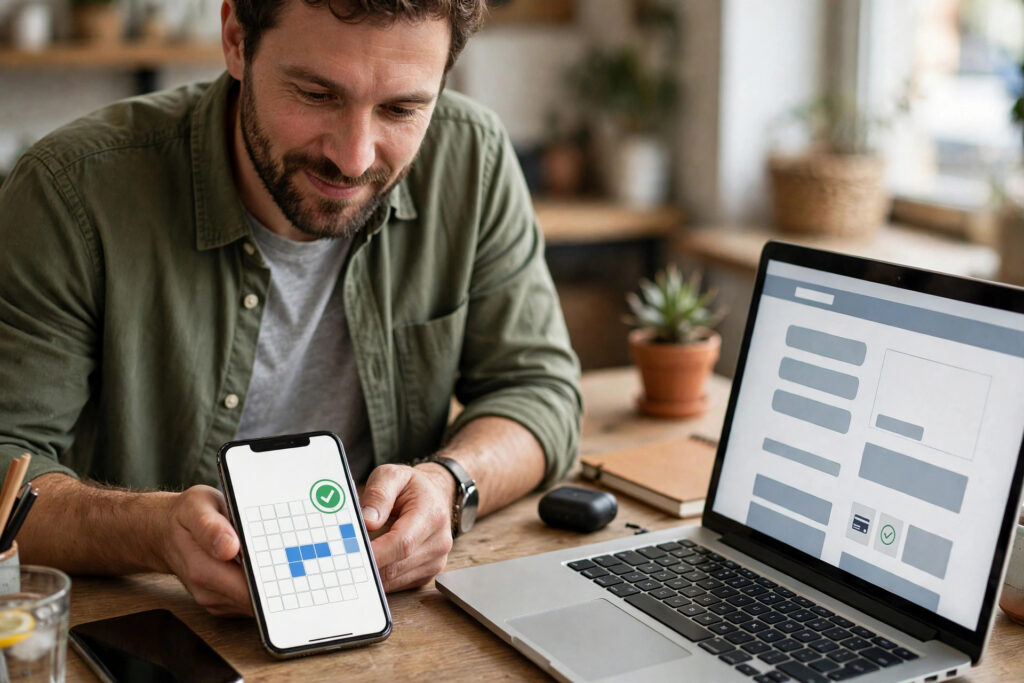 A business owner with a phone showing a booking calendar and a laptop showing a page with payment buttons