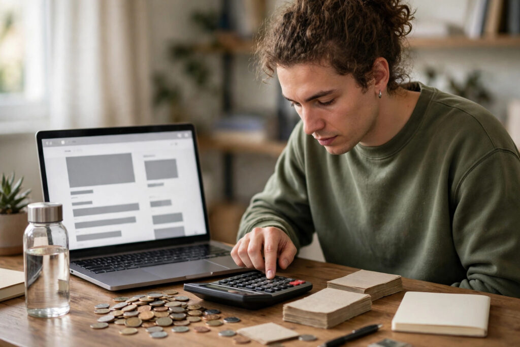 A creator working out prices on a calculator beside a laptop showing a product page