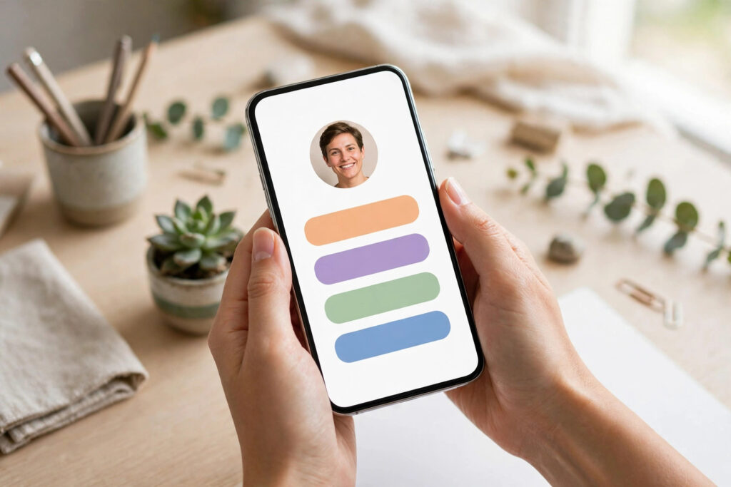 Hands holding a phone showing a clean page with a round profile photo and colorful buttons
