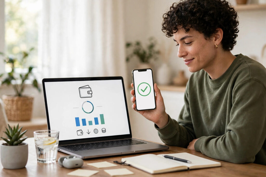 A creator checking earnings on a laptop with a wallet screen and holding a phone with a payment check mark