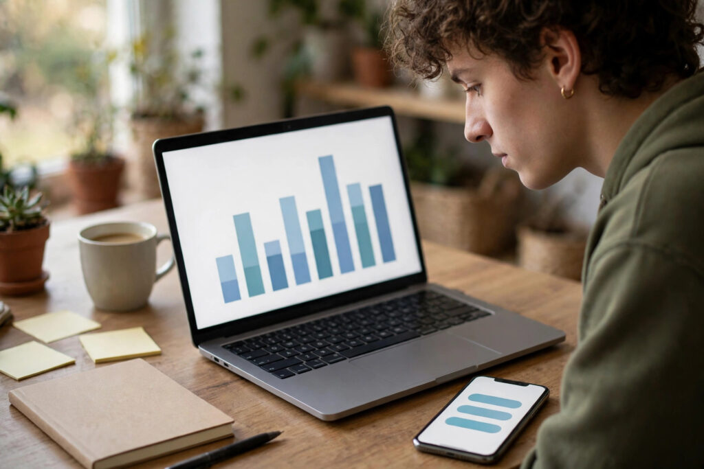 A creator studying bar charts on a laptop with a phone showing a page with buttons